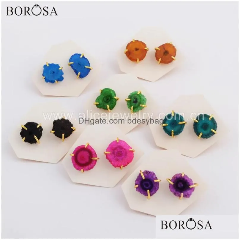 borosa 5pairs fashion gold bezel claw dom rainbow natural solar quartz stone stud earrings jewelry young style wx1084