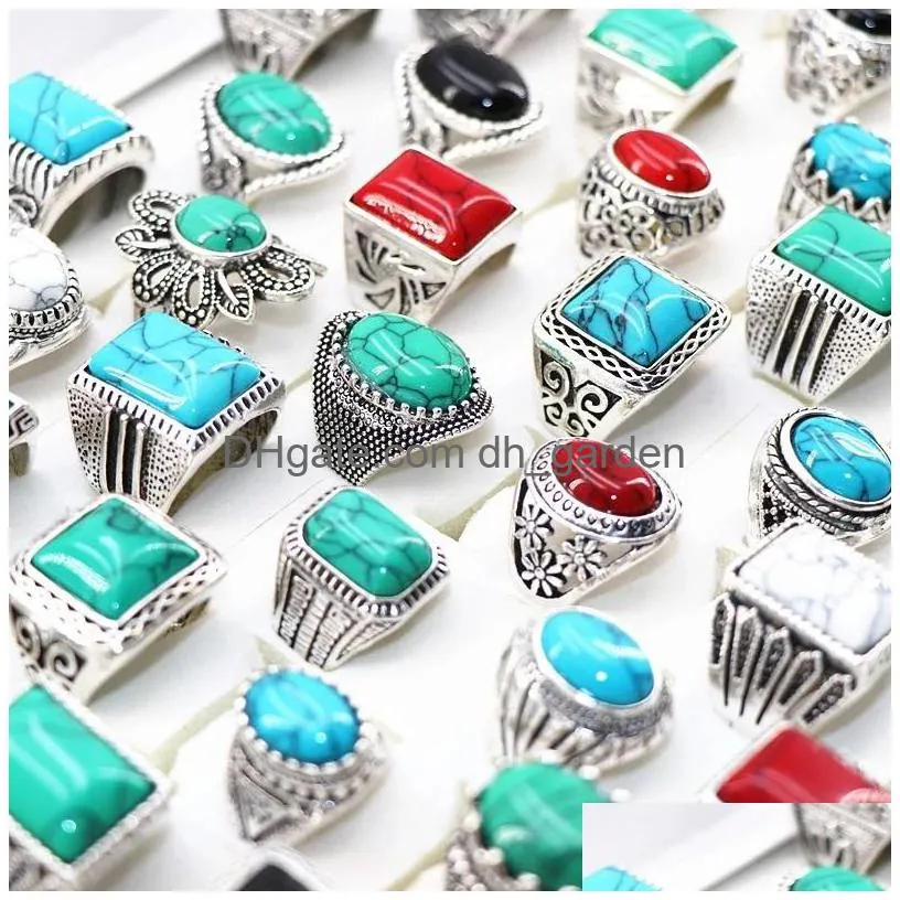 fashion turquoise stone antique silver rings for mens womens jewelry mix style size 17mm to 21mm