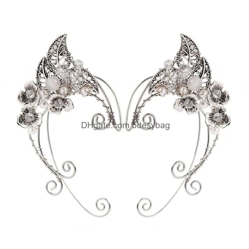 backs earrings winding elf ear cuffs with leaves and flower clips wing sleeve without perforation wedding earcuff jewelry