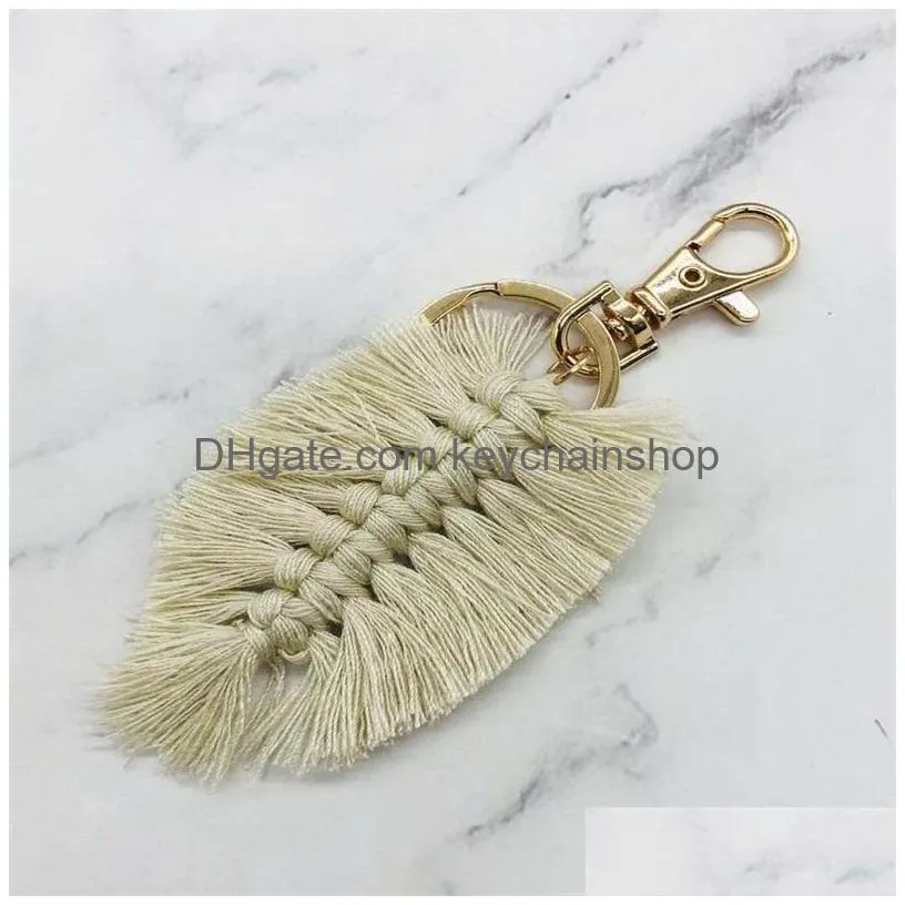 bohemian beach keys chains tassel key ring party favor gifts keyrings hand woven leaf bag accessories rope leaf pendant 1613 t2