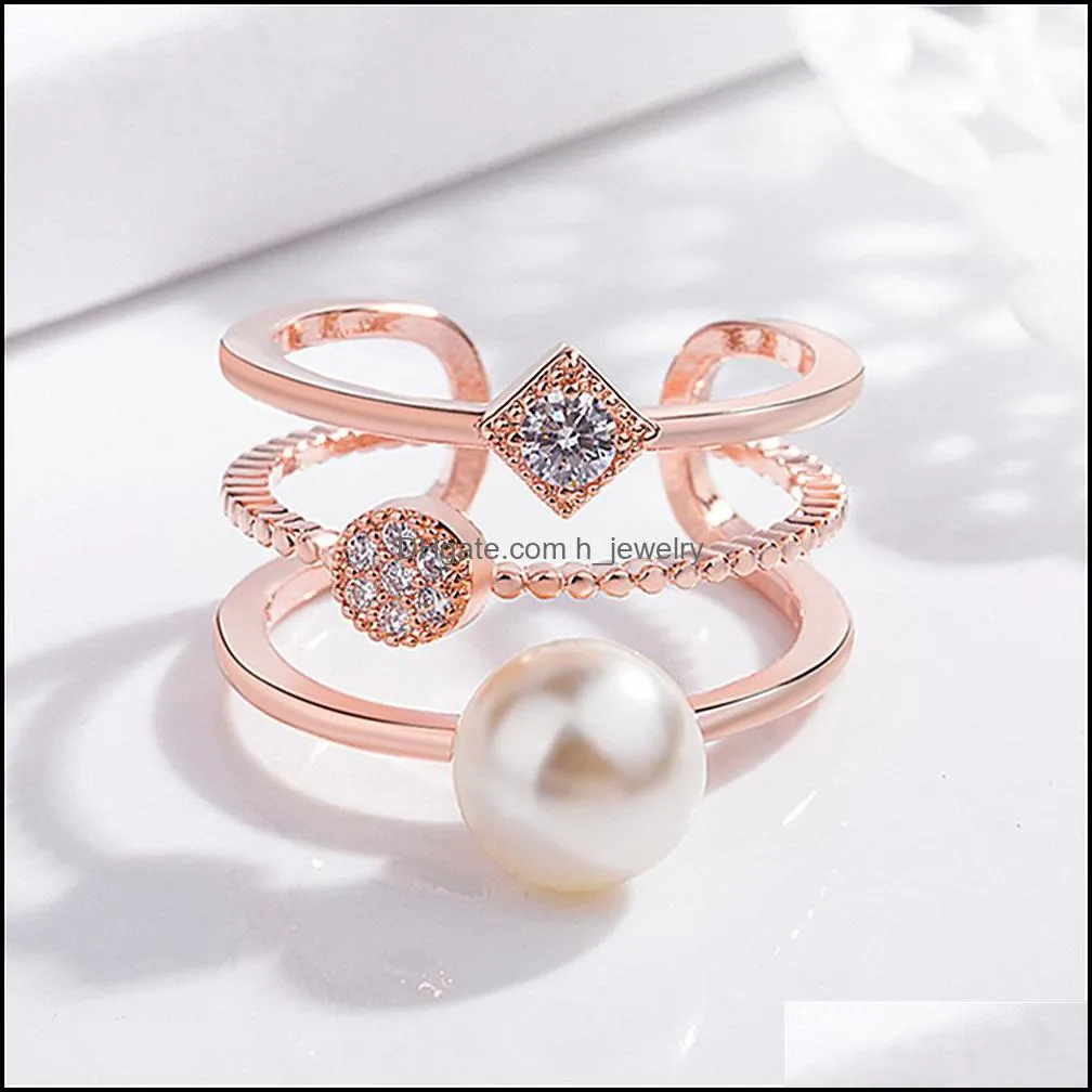 pearls rings luxurious exquisite threelayer adjustable ring for woman gothic jewelry fashion girls unusual accessories gold silver