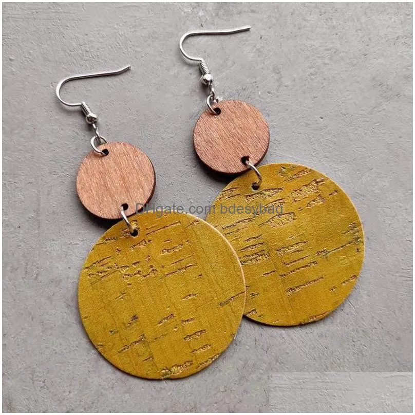 dangle earrings round wood and colored cork leather drop for women 2022 arrival wooden jewelry wholesale