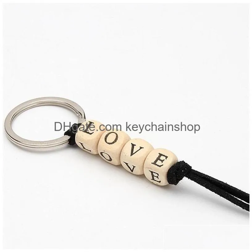 wood key rings automobile pendant letter rectangle bead keychain women men small gifts love family believe 2 2qh q2