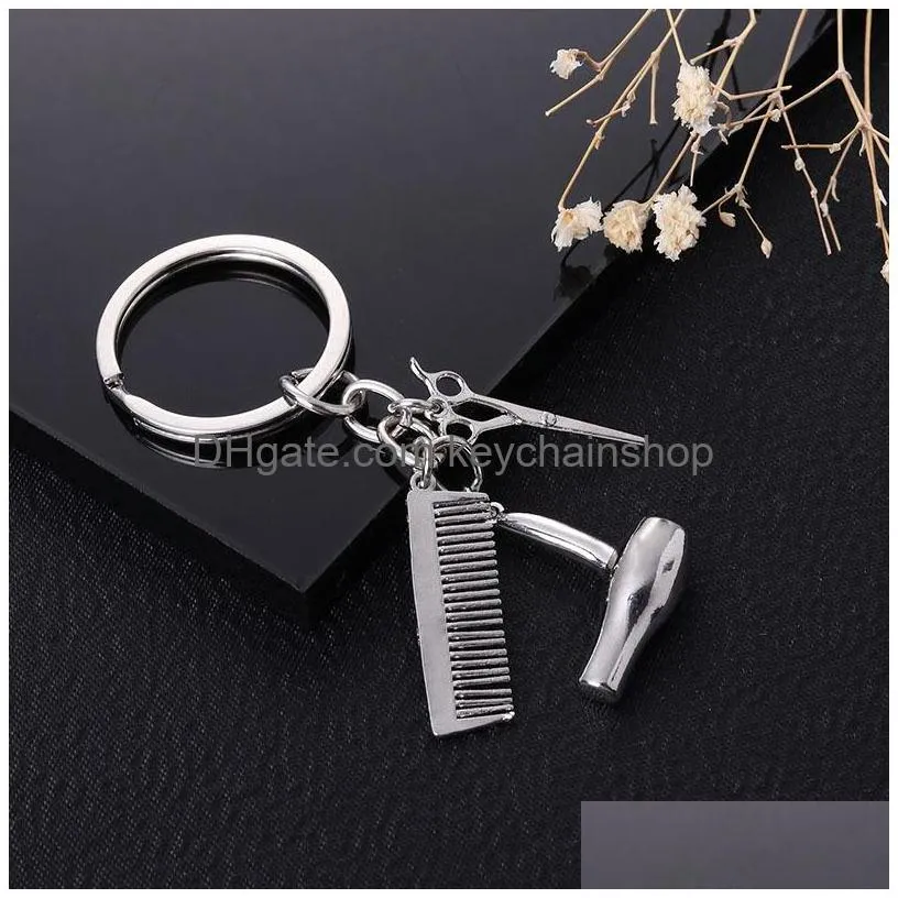personality couple key chain hair dryer combs scissors pendant keychains tools hair blow key ring jewelry christmas gift 1036 q2