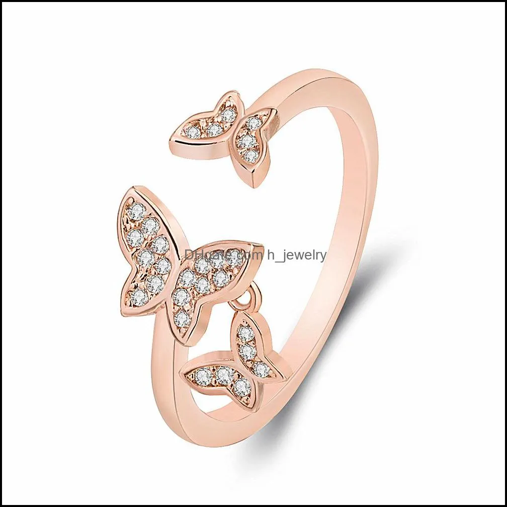 luxury butterfly open adjustable rings for women  wedding rings rose gold silver fashion finger ring female engagement