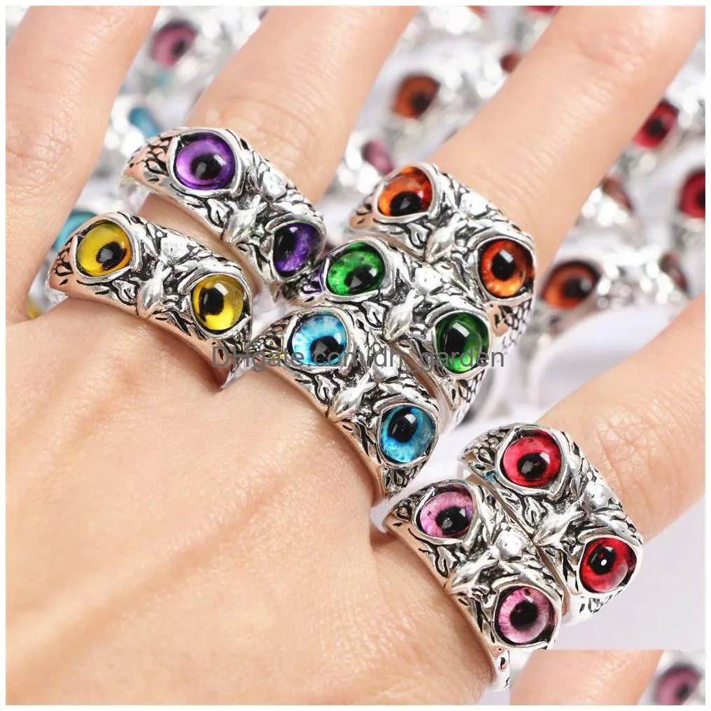 punk vintage colorful owl eye adjustable open rings jewelry for women men mix style color party gifts wholesale 36pcs/lot