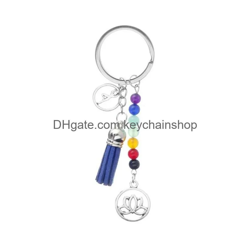 colorful key rings chakra stone lotus tassel keychain reiki healing yoga natural stones beaded pendant keychain accessories creative gift 206