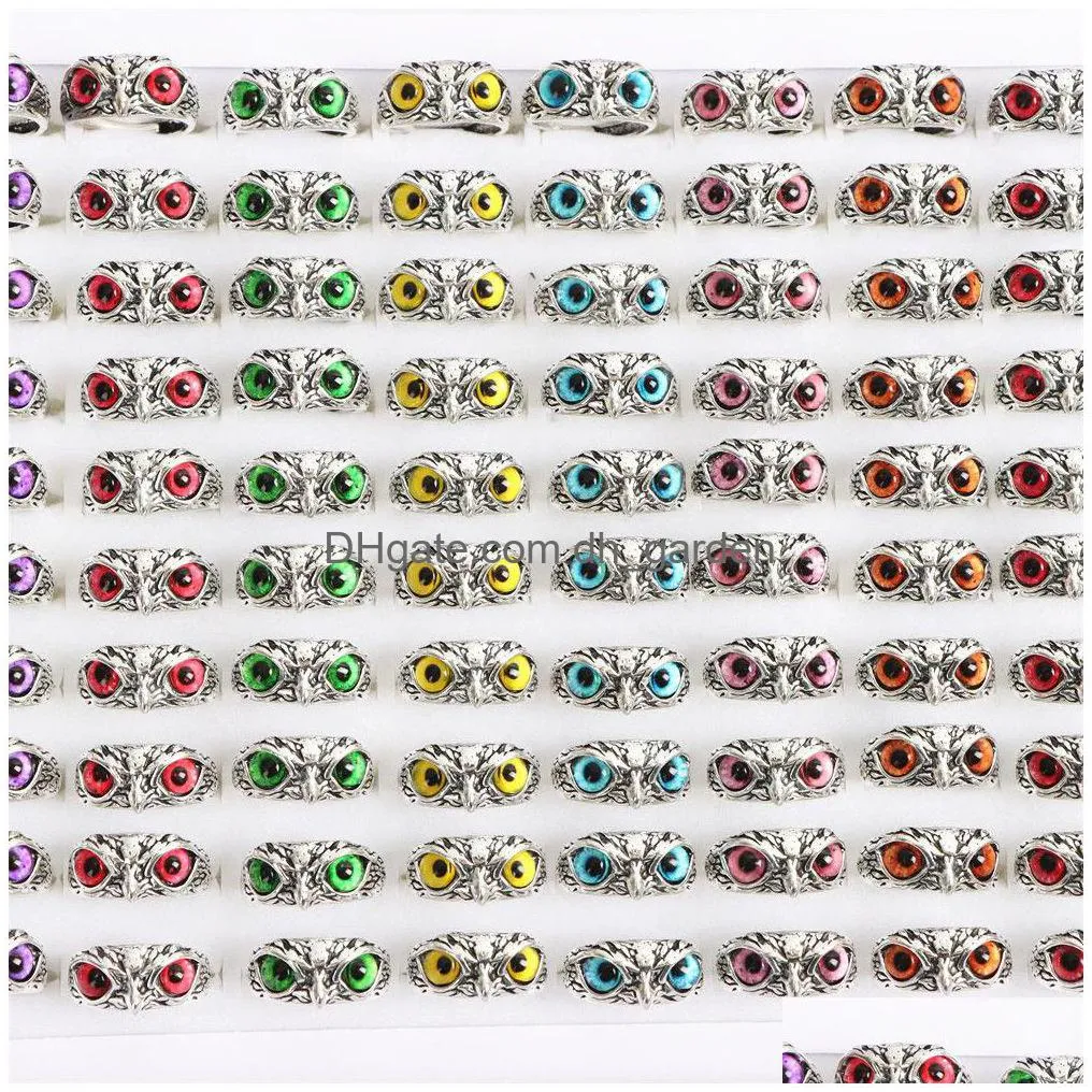 punk vintage colorful owl eye adjustable open rings jewelry for women men mix style color party gifts wholesale 36pcs/lot