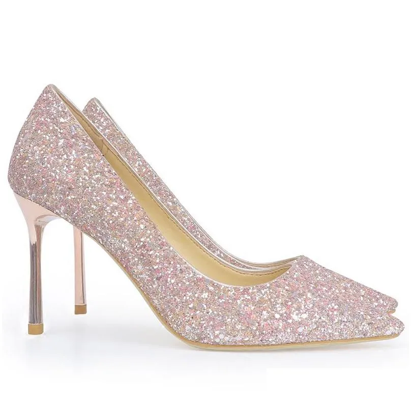 sparkly champagne sequined wedding shoes for bride stiletto heel prom banquet high heels plus size pointed toe shallow bridal shoes