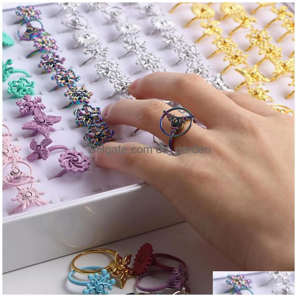 36pcs/lot cute colorful windmill spinner rotatable kids rings for girls children flowers snowflake lovely jewelry mix style gifts