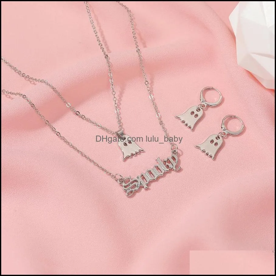 double multilayer necklace imp earring women silver color halloween jewelry set long letter necklaces earrings