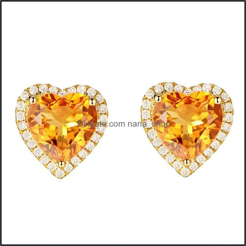 18k gold stud earrings for female heart citrine zircon gemstones earrings wedding party wholesale trendy silver jewelry