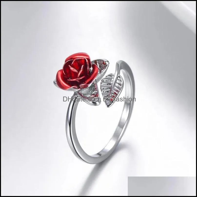 women ring red rose garden flower leaves open ring resizable finger rings for women valentines day gift jewelry