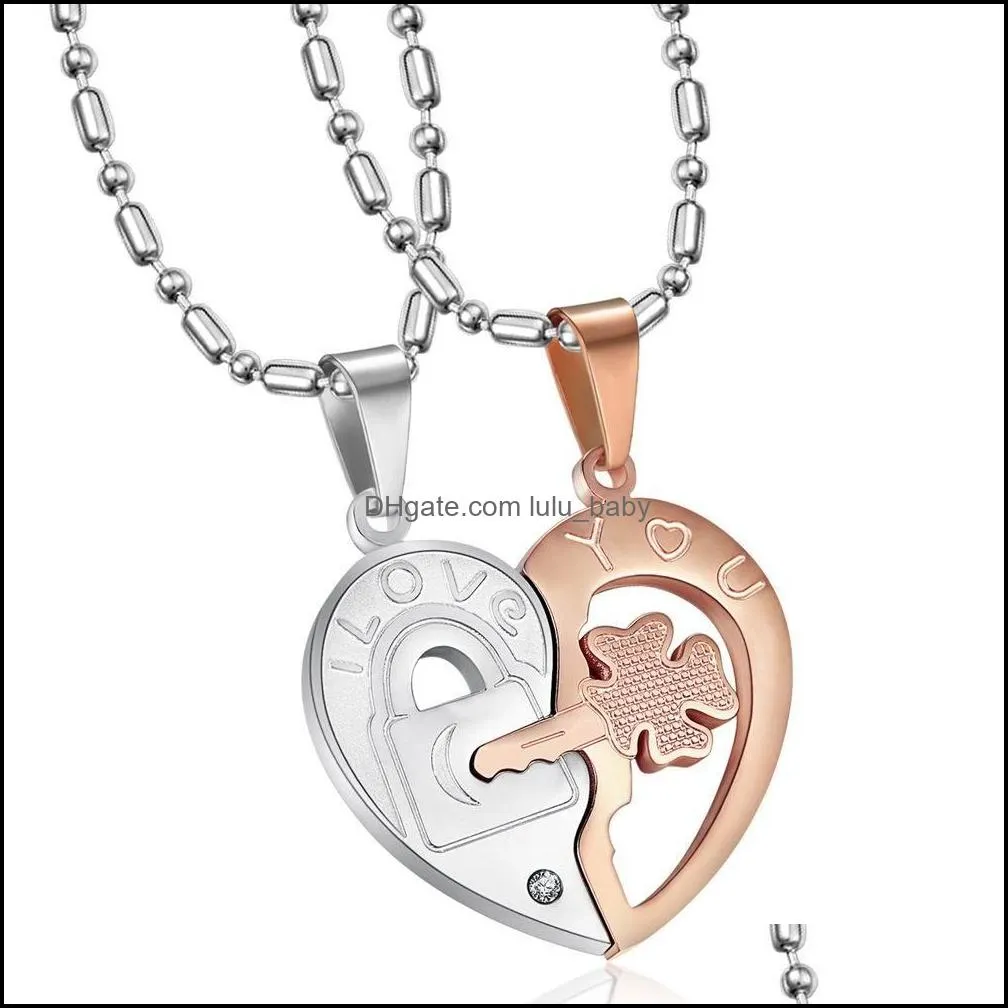 broken heart necklace stainless steel split heart pendant with key and lock in silver and gold color for lovers couple