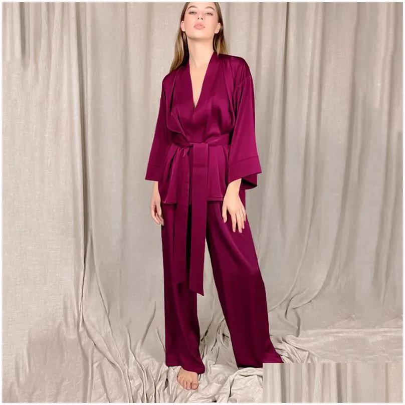 womens pajamas ice silk long sleeve cardigan pijama trouser suits plus size lingere set woman 2 pieces home suit sleepwear 220421