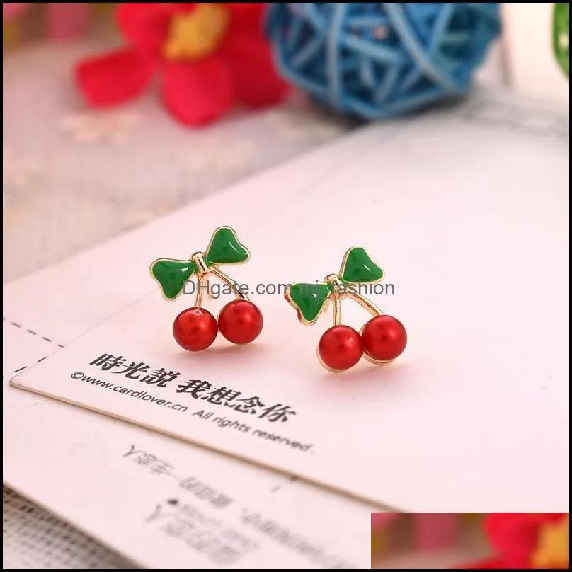stud earrings wholesale promotion plated korean red cherry crystal rhinestone leaf drop earrings pretty statement earrings