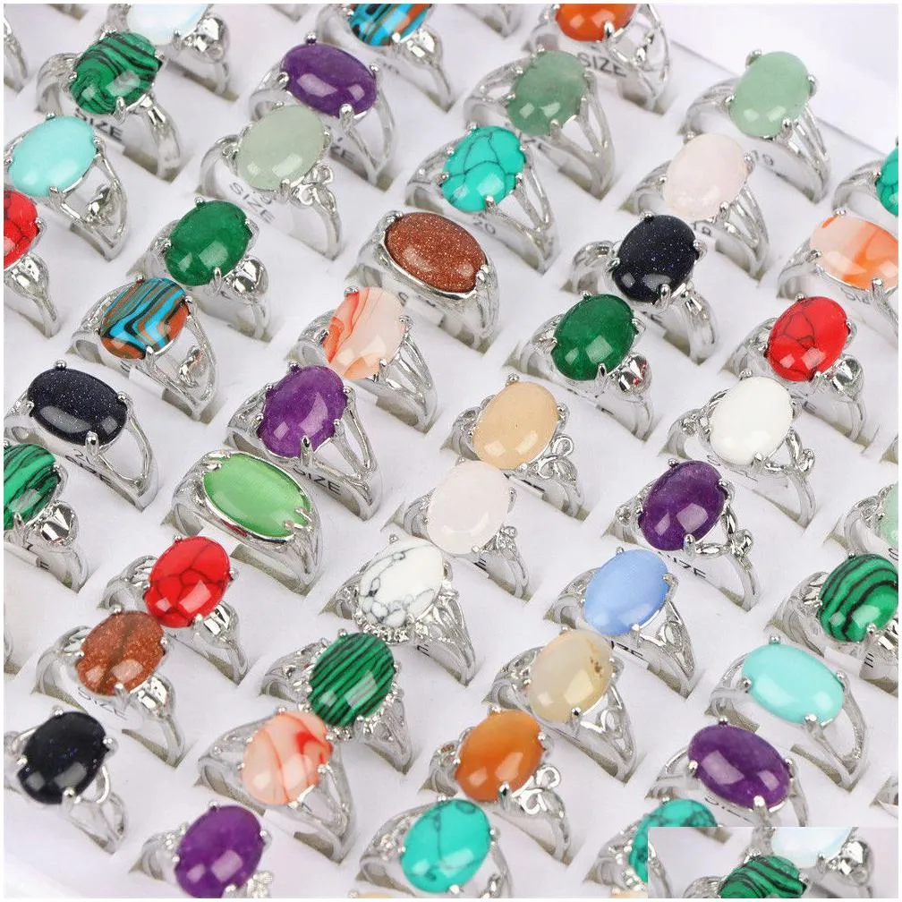 fashion nature stone metal rings jewelry for women simple alloy mix style mix color party wedding gifts wholesale