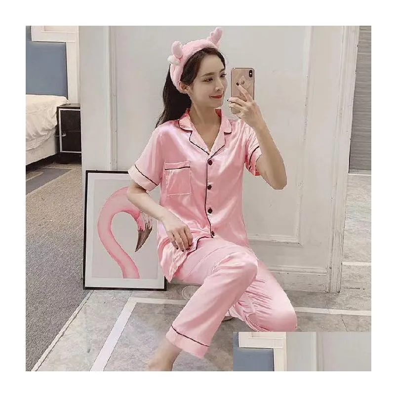 womens pajamas ice silk long sleeve cardigan pijama trouser suits plus size lingere set woman 2 pieces home suit sleepwear 220421