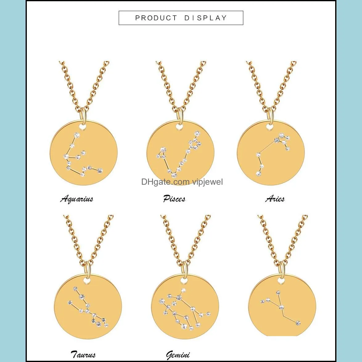 12 constellation necklace crystal zodiac pendants fashion jewelry will and sandy stainless steel coin necklaces