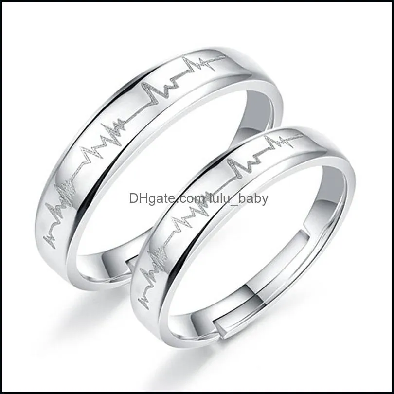 2pcs love heart electrocardiogram couple adjustable rings for lover valentineday gift silver engagement wedding ring set
