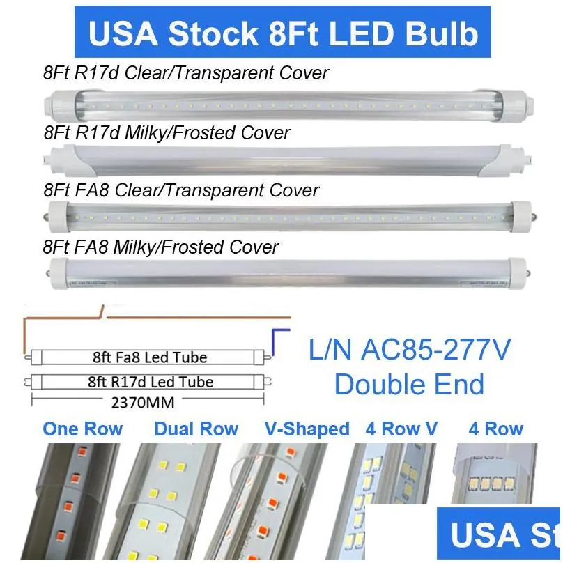 r17d 8 foot tubes bulbs 144w 14400lm 6000k cold white super bright t8 led tube lights 8 ft 270 angle single pin clear cover / milky