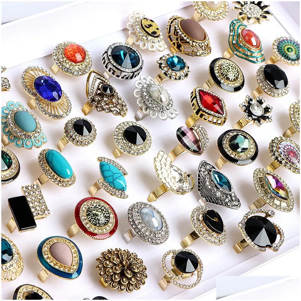 fashion vintage geometry patten colorful stone open rings jewelry for women flower sun mix style wedding party gifts wholesale