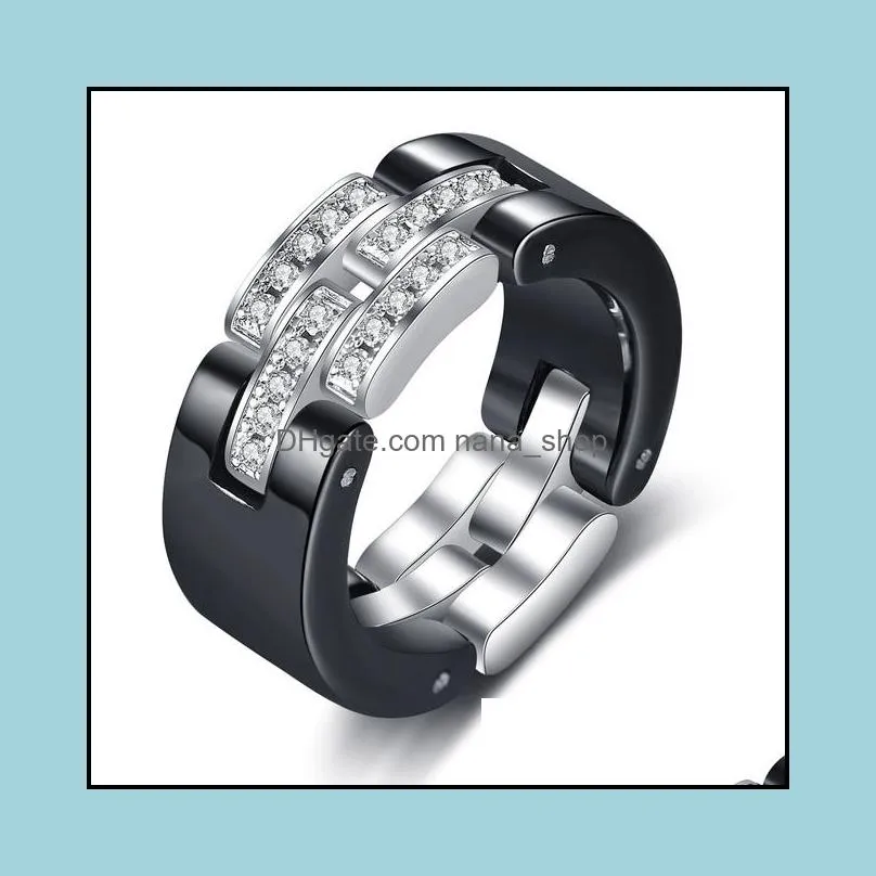 brand design wedding rings middle layer flexible white black ceramic rings with zircon for wedding women girls gift