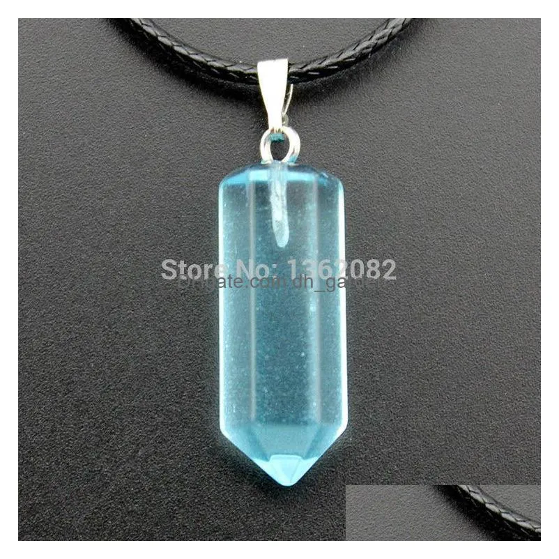 men womens natural stone crystal quartz 25x18mm hexagonal prism beads healing pointed pendant leather rope necklace