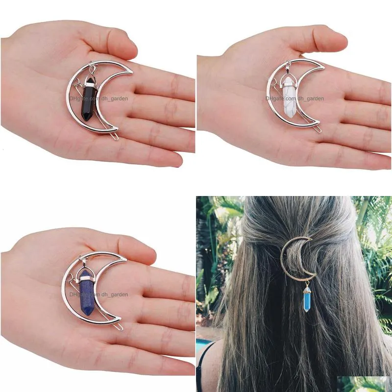 2018 female retro moon quartz six prism alloy hairpin stone pendant charm clip hairpin sweet new