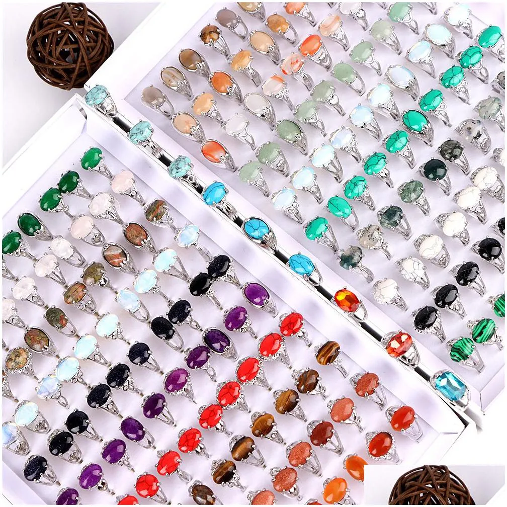 fashion nature stone metal rings jewelry for women simple alloy mix style mix color party wedding gifts wholesale