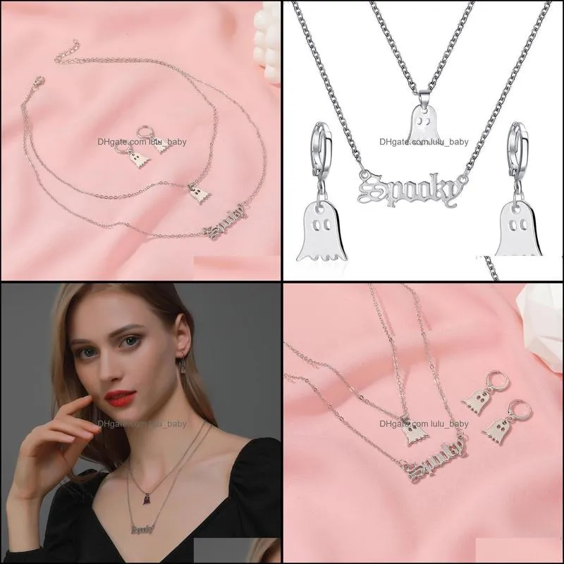 double multilayer necklace imp earring women silver color halloween jewelry set long letter necklaces earrings