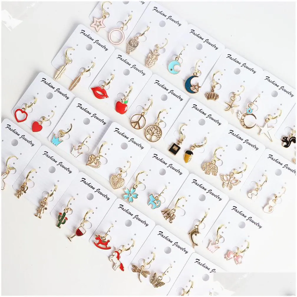 20pairs/lot fashion lovely lucky charm enamel hoop dangle earrings jewelry for women girls cute heart cat star moon rabbit butterfly mix style party gifts