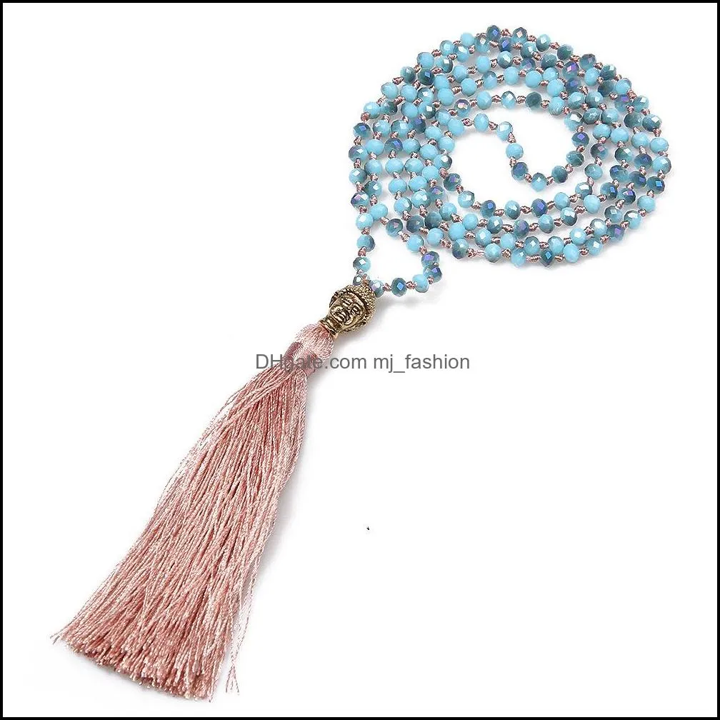long tassel neon necklace ancient silver alloy buddha head pendant faceted glass crystal necklace knot women jewelry gifts