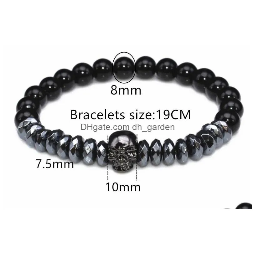 hematite beads bracelets skull bangles bijoux rope titanium steel skull bangle nature stone bracelets men jewelry halloween