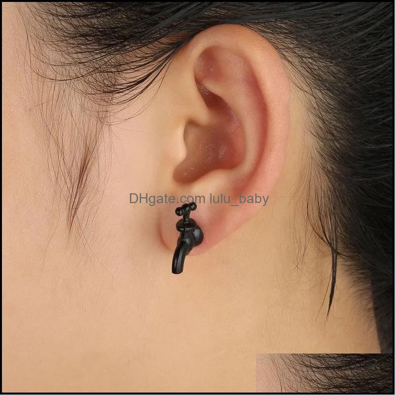 faucet earring unique funny black silver color enamel 3d faucet stud earrings for cool women men jewelry threedimensional faucet