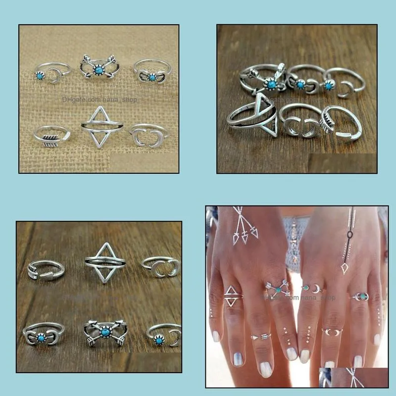 rings sets bohemian style 6pcs/pck rings arrows moon lucky rings set for women party silver ring