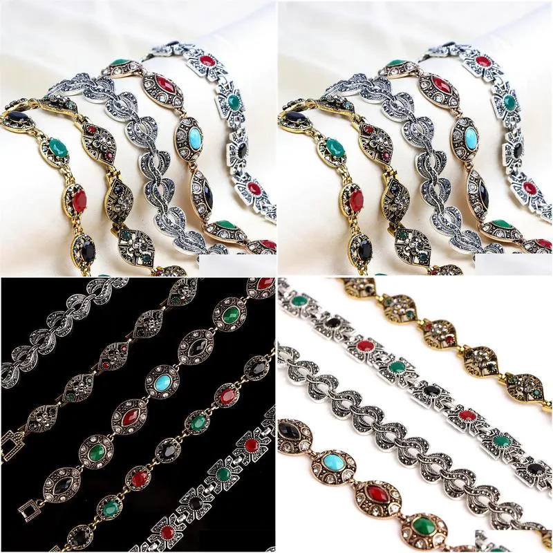 new 10pcs/lot bohemian vintage retro crystal ethnic metal bracelets for womens mix style colorful stone silver gold plated party gift charm jewelry