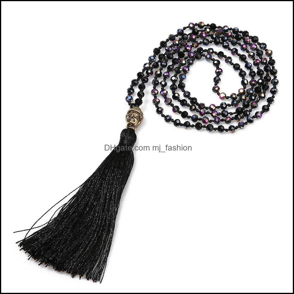 long tassel neon necklace ancient silver alloy buddha head pendant faceted glass crystal necklace knot women jewelry gifts