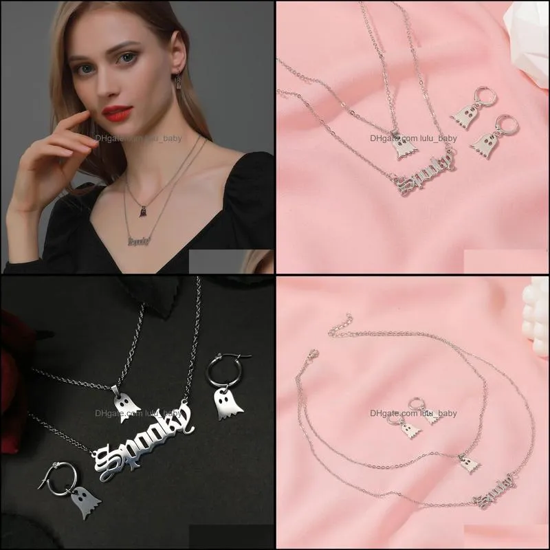 double multilayer necklace imp earring women silver color halloween jewelry set long letter necklaces earrings