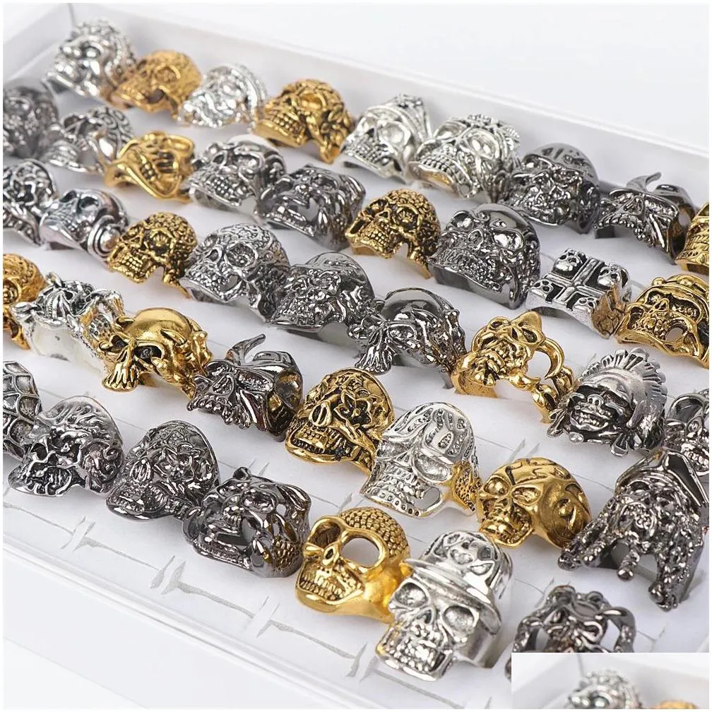 wholesale 30pcs/lot metal punk gothic skull rings jewelry for men mix style gold silver black plated personality gift