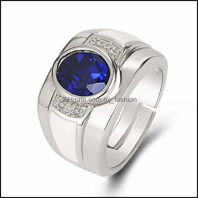 vintage silver mens ring round sapphire gemstone wedding party jewelry accessories gift open finger diamond rings for male