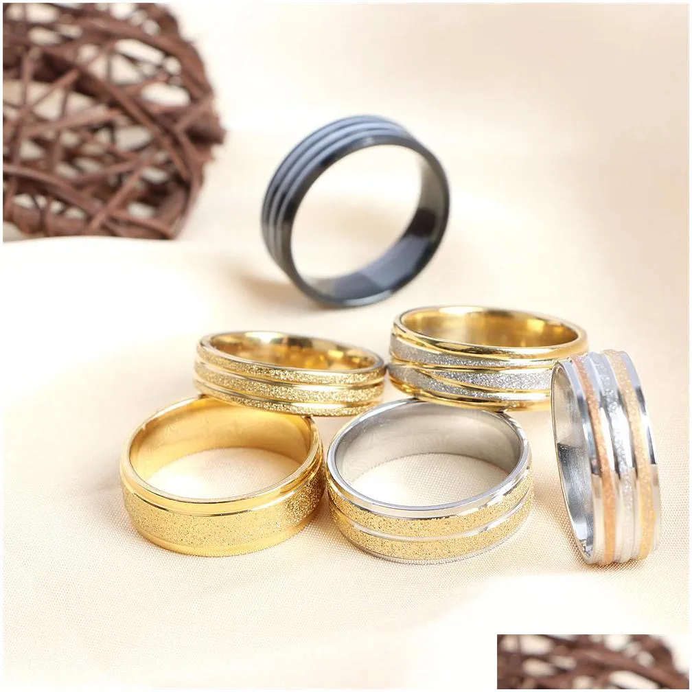 fashion frosted stripe stainless steel rings jewelry for women men lover couple gold silver plated party gift no fade wholesale