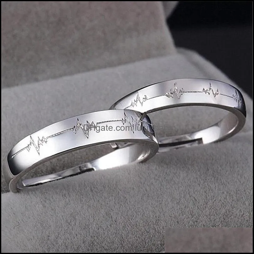2pcs love heart electrocardiogram couple adjustable rings for lover valentineday gift silver engagement wedding ring set