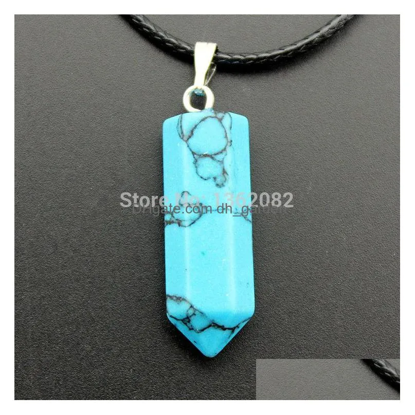 men womens natural stone crystal quartz 25x18mm hexagonal prism beads healing pointed pendant leather rope necklace