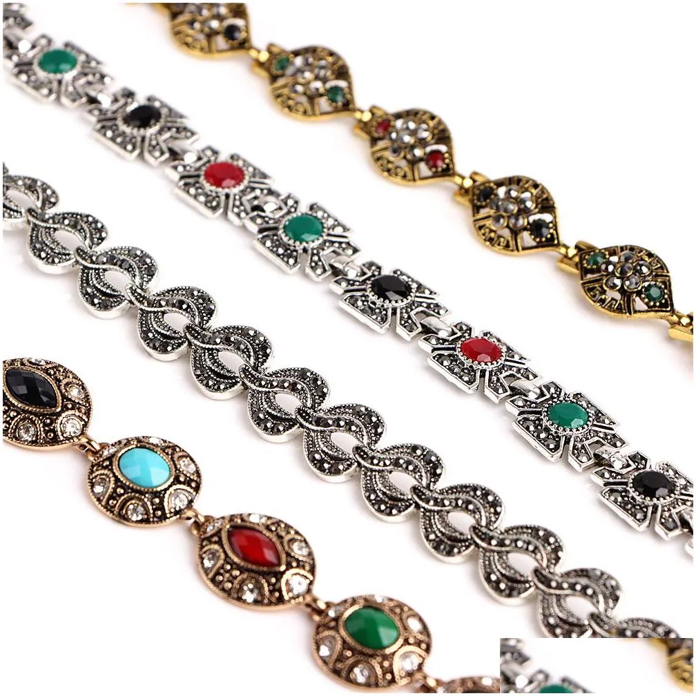 new 10pcs/lot bohemian vintage retro crystal ethnic metal bracelets for womens mix style colorful stone silver gold plated party gift charm jewelry