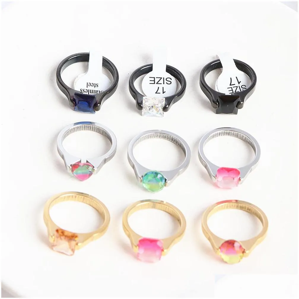 new fashion geometric zircon stainless steel rings jewelry for women men heart multicolor mix style party gift no fade wholesale