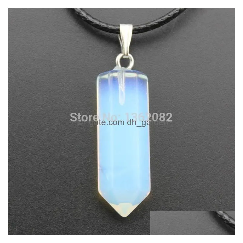 men womens natural stone crystal quartz 25x18mm hexagonal prism beads healing pointed pendant leather rope necklace