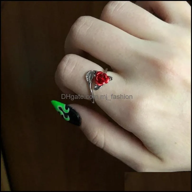 women ring red rose garden flower leaves open ring resizable finger rings for women valentines day gift jewelry