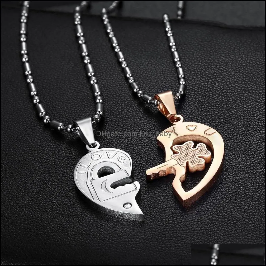 broken heart necklace stainless steel split heart pendant with key and lock in silver and gold color for lovers couple