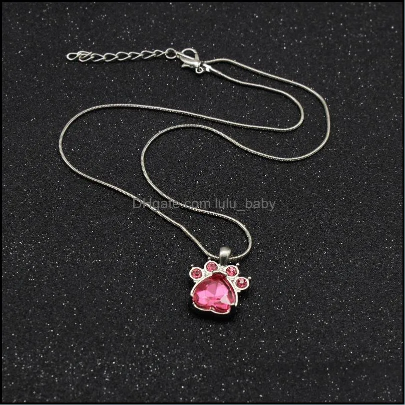 cute rose gold bear paw dog cat jewelry wedding pink love footprint crysatal pendant necklace